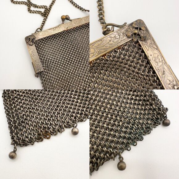 Antique German Silver Evening Bag w Chain Link Mesh Dropped Tassel Marked WJ Co - Picture 4 of 13